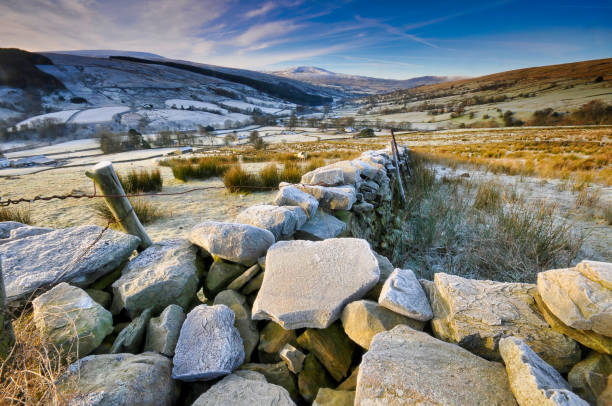 gel sur le mur de pierre sèche dans la campagne, dentdale, yorkshire dales, yorkshire du nord, angleterre, grande-bretagne - yorkshire dales photos et images de collection