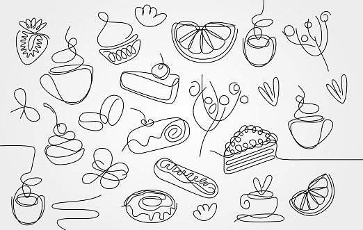 Single line sweets and coffee icons. Hand drawing food sign set. Cafe design template. Cake, donut, orange, strawberry, pie, roll, cup of tea. Linear sketch. Vector illustration.