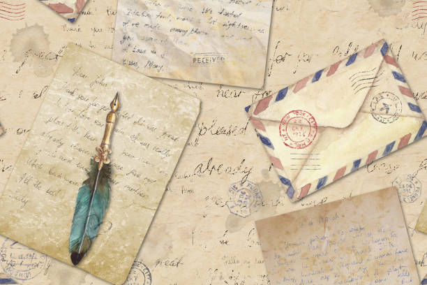 istock Background in vintage style with hand written letters, post stamps, envelopes, fountain feathers pen. 1287841465