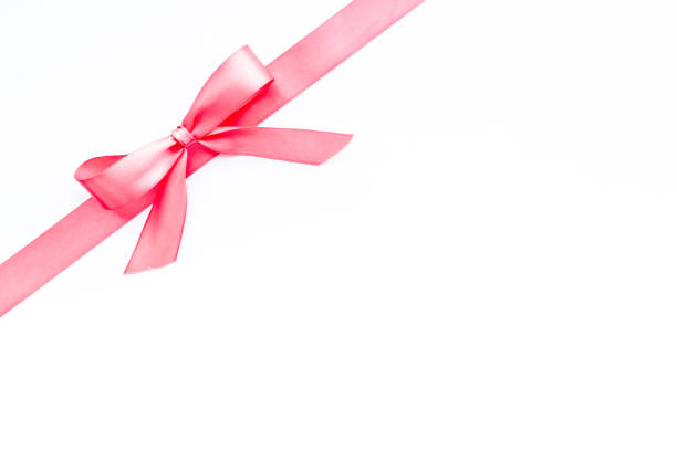 istock Pink ribbon with bow isolated on white for gift box. Top view, copy space 1287844949