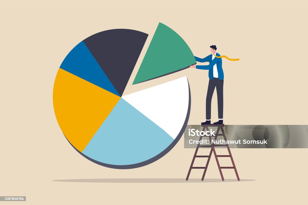 Investment asset allocation and rebalance concept, businessman investor or financial planner standing on ladder to arrange pie chart as rebalancing investment portfolio to suitable for risk and return Pie Chart stock vector