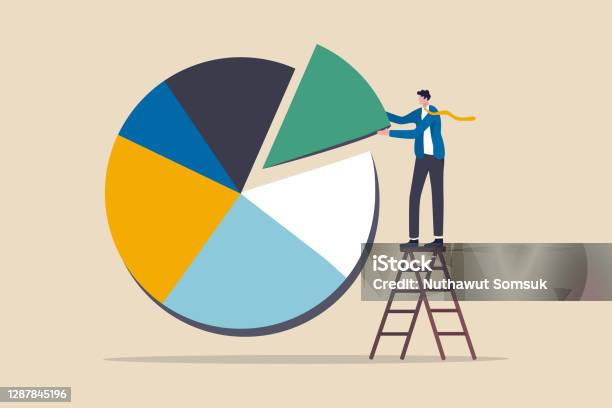 Investment Asset Allocation And Rebalance Concept Businessman Investor Or Financial Planner Standing On Ladder To Arrange Pie Chart As Rebalancing Investment Portfolio To Suitable For Risk And Return Stock Illustration - Download Image Now