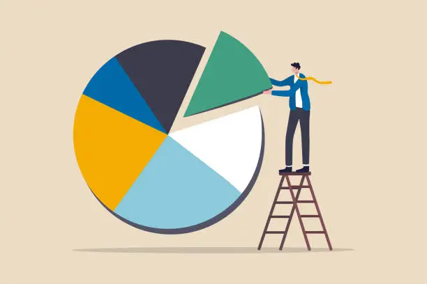 Vector illustration of Investment asset allocation and rebalance concept, businessman investor or financial planner standing on ladder to arrange pie chart as rebalancing investment portfolio to suitable for risk and return