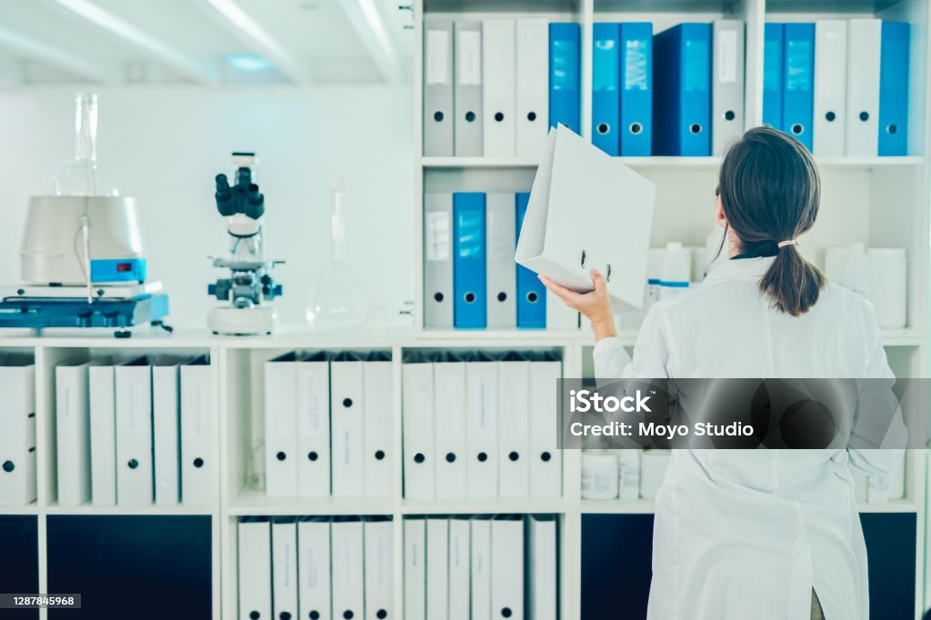 Accessible information is crucial for current medical research Shot of a scientist going through files while conducting research in a laboratory Healthcare And Medicine Stock Photo
