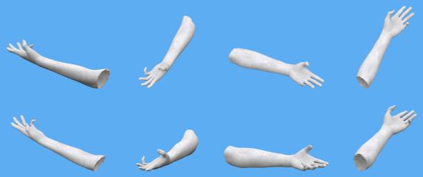 istock 8 grey stone statue hand detailed renders isolated on blue, lights and shadows distribution example for artists or painters - 3d illustration of objects 1287847502