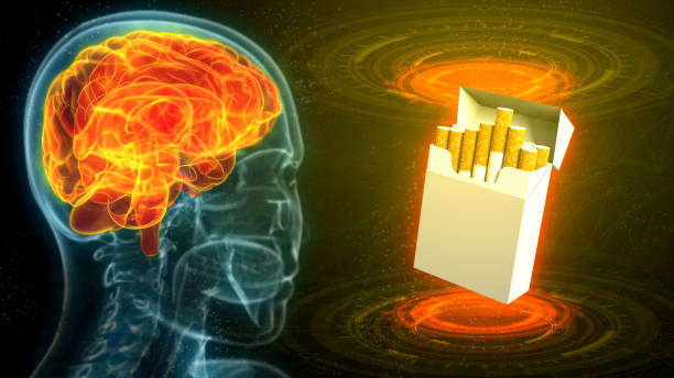 istock Medical 3D illustration - x-ray human head image with highlighted brain and cigarette pack - stop nicotine concept 1287848019