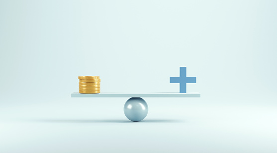 Medical bills, balance of money and medical image on blue background, 3d render.
