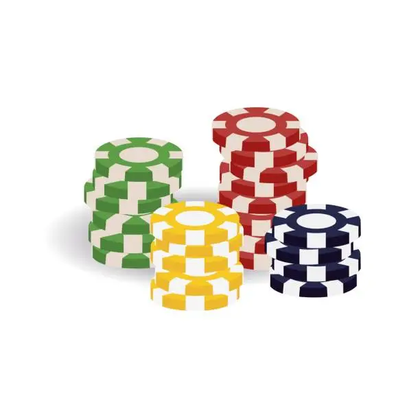Vector illustration of Colorful realistic casino tokens, gaming cheques, or checks for table game of chance, gambling (blackjack, roulette, bet etc). Round red, yellow, green, black 3D casino chips in stacks, piles