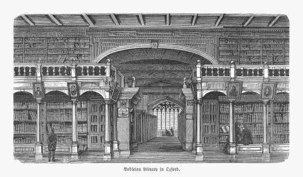 Bodleian Library, University of Oxford, England, wood engraving, published 1893 Historical interior view of the Bodleian Library - the main research library of the University of Oxford in England and one of the oldest libraries in Europe. Wood engraving, published in 1893. oxfordshire stock illustrations