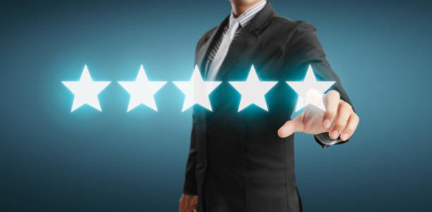 istock Hand of touching rise on increasing five stars. Increase rating evaluation 1287856030