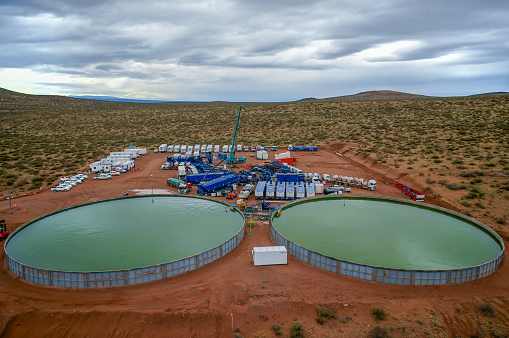 Vaca Muerta, Argentina, November 25, 2015: Extraction of unconventional oil. Water tanks for hydraulic fracturing.