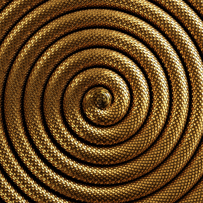 3d render, abstract spiral background with shiny golden snake skin texture