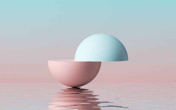 istock 3d render, abstract modern minimal background with pink blue hemispheres and reflection in the water on the wet floor. Showcase with space for product displaying 1287857683