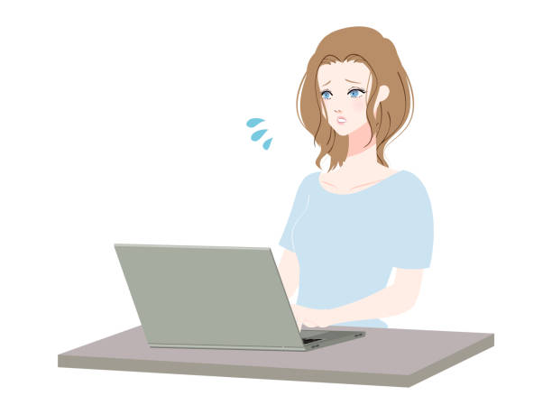 illustrazioni stock, clip art, cartoni animati e icone di tendenza di donna che usa un personal computer - computer keyboard white caucasian white background