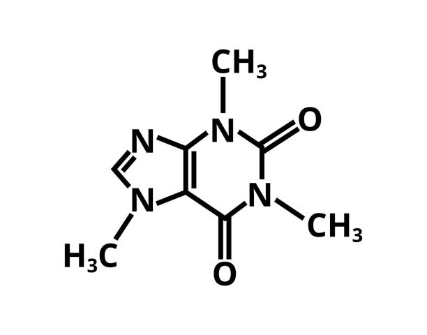Caffein chemical formula isolated. Vector black icon. Coffee concept, chemistry. Vector stimulant caffeine. Caffeine molecular structure – chemical skeletal structural formula isolated on a white background. Caffeine is found in coffee, tea, energy drinks, and some beverages. caffeine molecule stock illustrations