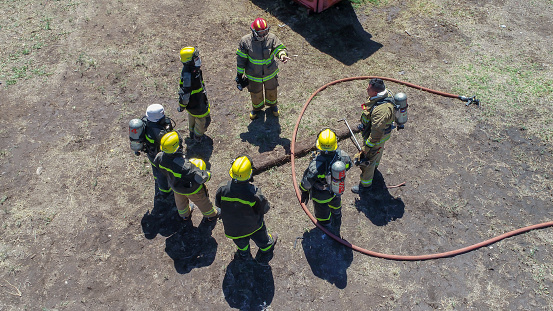 San Rafael, Argentina, november 21, 2020: firefighters meeting aerial view