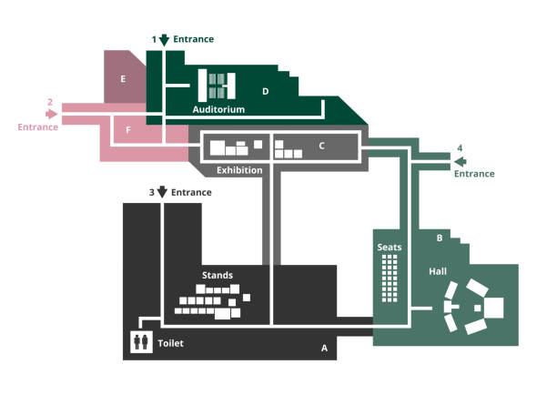 vektor editierbarer grundriss mit feldern für logos oder titel, die auf weißem hintergrund isoliert sind. geeignet als karte von campus, büro, produktionshalle, festival, einkaufszentrum, arbeitsplatz, event und mehr. - multi story building stock-grafiken, -clipart, -cartoons und -symbole