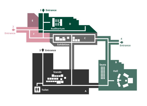 Vector editable floor plan with fields for logos or titles isolated on a white background. Suitable as a map of campus, office, production hall, festival, shopping mall, workplace, event, and more. Vector editable floor plan in gray, pink, and green color with white buildings, paths, and roads isolated on a white background. Suitable as a map of campus, office, production hall, festival, shopping mall, workplace, event, and more. floor plan illustrations stock illustrations