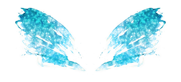 Blue glittering watercolor wings in vintage nostalgic colors.
