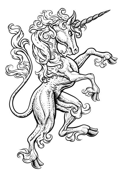 illustrazioni stock, clip art, cartoni animati e icone di tendenza di unicorno allevamento rampante stemma crest horse - tattoo grunge crest coat of arms