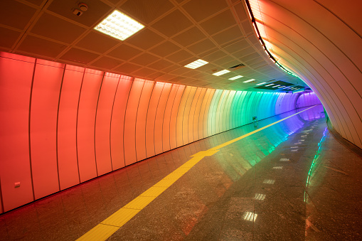 Multicolored and Modern Subway Corridor in a Metro Station