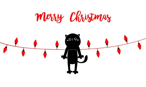 Vector illustration of Merry Christmas lights. Cute cat in red Santa hat. Red lightbulb glowing garland. Colorful string fairy light set. Cone shape. Holiday festive xmas decoration. Flat design. White background.