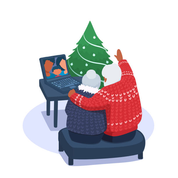 The family communicates by video call on the Christmas holiday. Video chat, remote communication with parents. Wife, husband, and kid on a laptop screen. A vector cartoon illustration. diverse family christmas stock illustrations