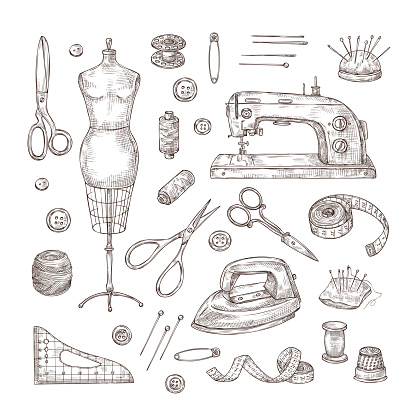 Sewing sketch. Tailor shop hand drawn sewing tool material vintage clothes needlework stitching dressmaker vector isolated items