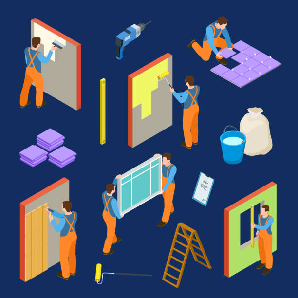 Repair workers and tools isometric vector set Repair workers and tools isometric vector set. Illustration of tiler and painter, construction house, reconstruction work and renovation reenactment stock illustrations