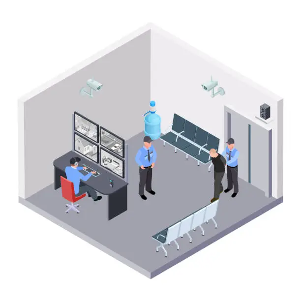 Vector illustration of Security room in airport, railway or bus station isometric vector concept
