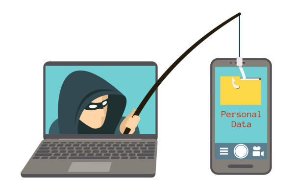 stockillustraties, clipart, cartoons en iconen met phishing scam, hacker aanval op smartphone vector illustratie - data leak