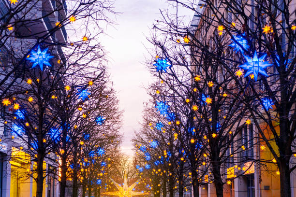 Close up view of Illuminated Christmas decorations in Berlin at dusk