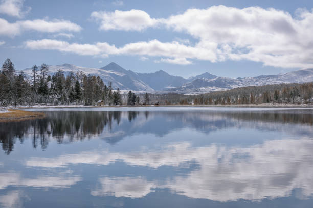 istock mountains lake forest snow clouds reflection autumn 1287876525