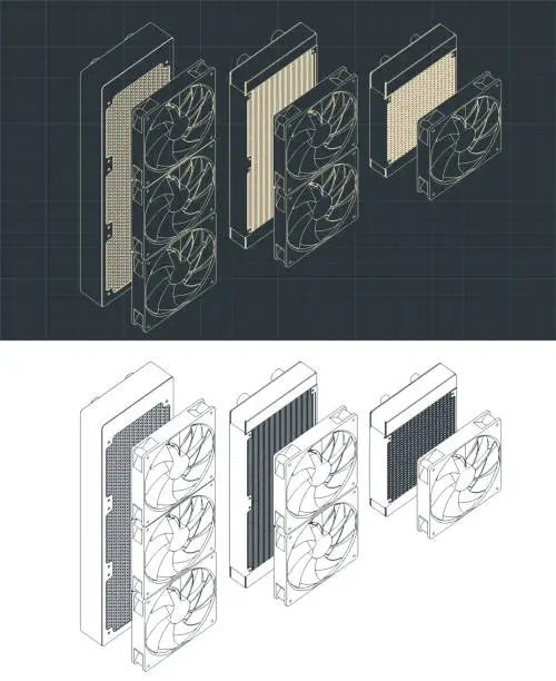 Vector illustration of Water cooling radiators isometric blueprints Set