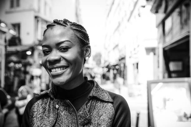 istock Woman smiling portrait in BW 1287878678