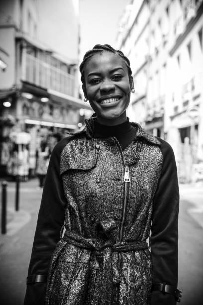 istock Woman smiling portrait in BW 1287879916