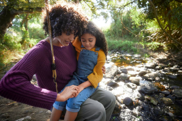 istock Daughter on mother lap swing together in tree swing 1287881995