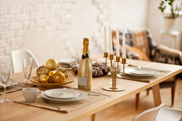 istock Christmas table setting with holiday decorations. New Year celebration. 1287884484