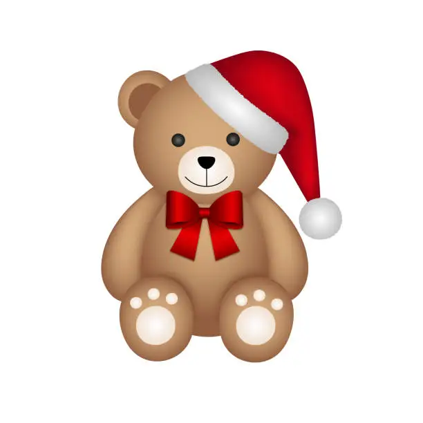 Vector illustration of christmas teddy bear with santa claus hat and red bow