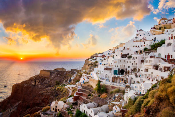 istock Beautiful sunset on Santorini Island 1287888448