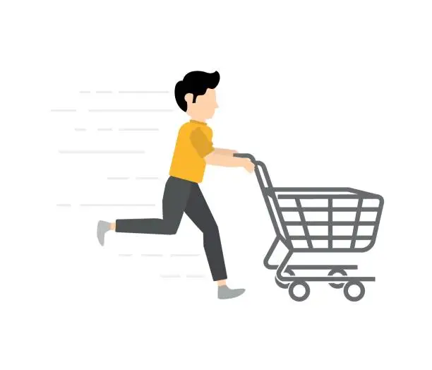 Vector illustration of Man trying to push the shopping cart icon. Vector drawing.