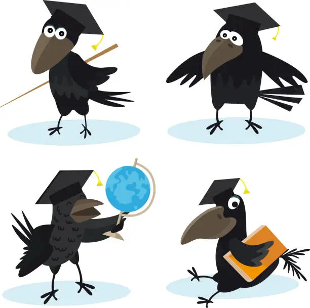 Vector illustration of Cartoon set crow with bachelor cap and globus vector image