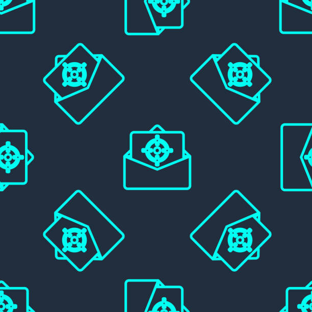 녹색 선 메일 및 전자 메일 아이콘 은 파란색 배경에 원활한 패턴을 격리. 봉투 기호 전자 메일. 전자 메일 메시지 기호입니다. 벡터 - internet equipment green e mail stock illustrations