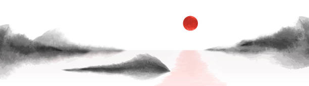 istock Vector illustration. Minimalist watercolor ink background. Traditional oriental painting. Japanese decorative art. Panoramic landscape. Wallpaper. Abstract grunge backdrop. Hand drawn mountains 1287900910
