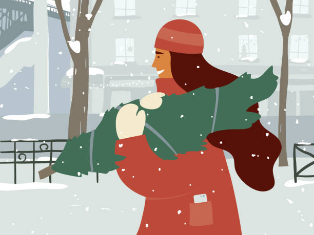 istock Young woman carrying christmas tree in hands and walking down snowy street 1287902802