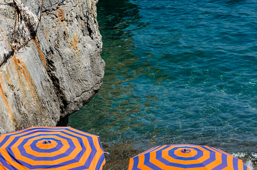 Beach umbrellas on the beach in Positano.
