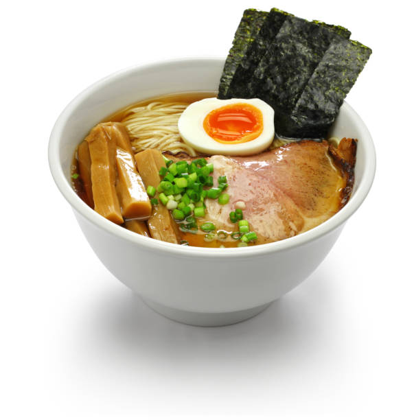 soy sauce ramen noodles soup, japanese food stock photo