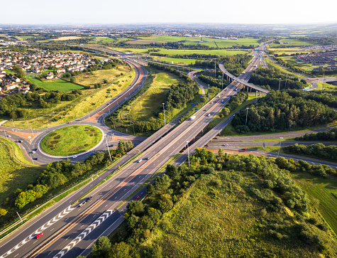 Merging motorways, with flyovers and roundabouts - the M8 and M73 intersecting near Glasgow, Scotland.