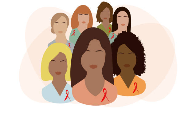 Women with red ribbons on their chests Women with red ribbons on their chests. Women together. Community of support for HIV-infected people. World aids day. Vector illustration. aids stock illustrations