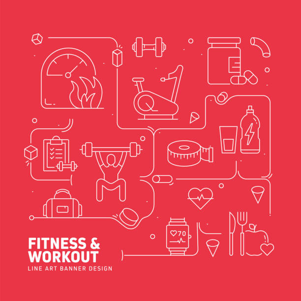 ilustrações de stock, clip art, desenhos animados e ícones de fitness and workout related modern line style vector illustration - kettle bell activity aerobics athlete